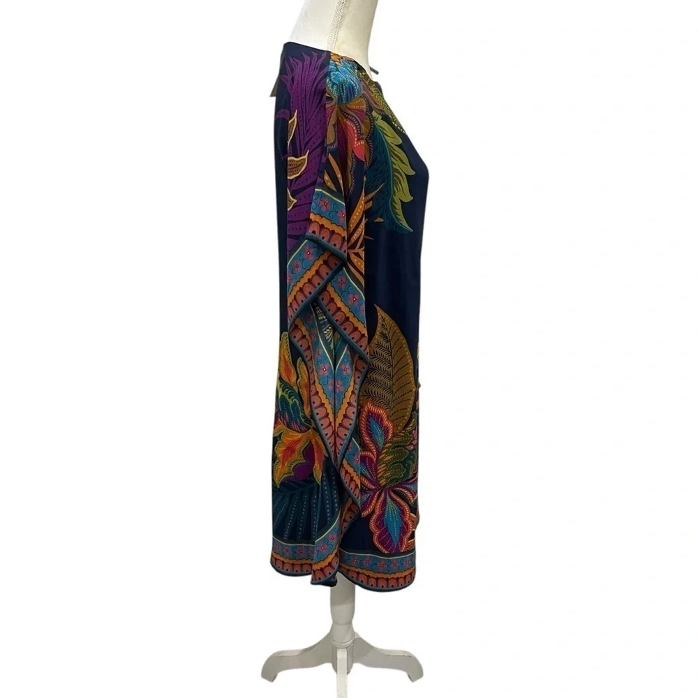 Trina Turk Global Silk Caftan Dress Womens Extra Small Navy Floral Tropical $398 - Picture 7 of 14